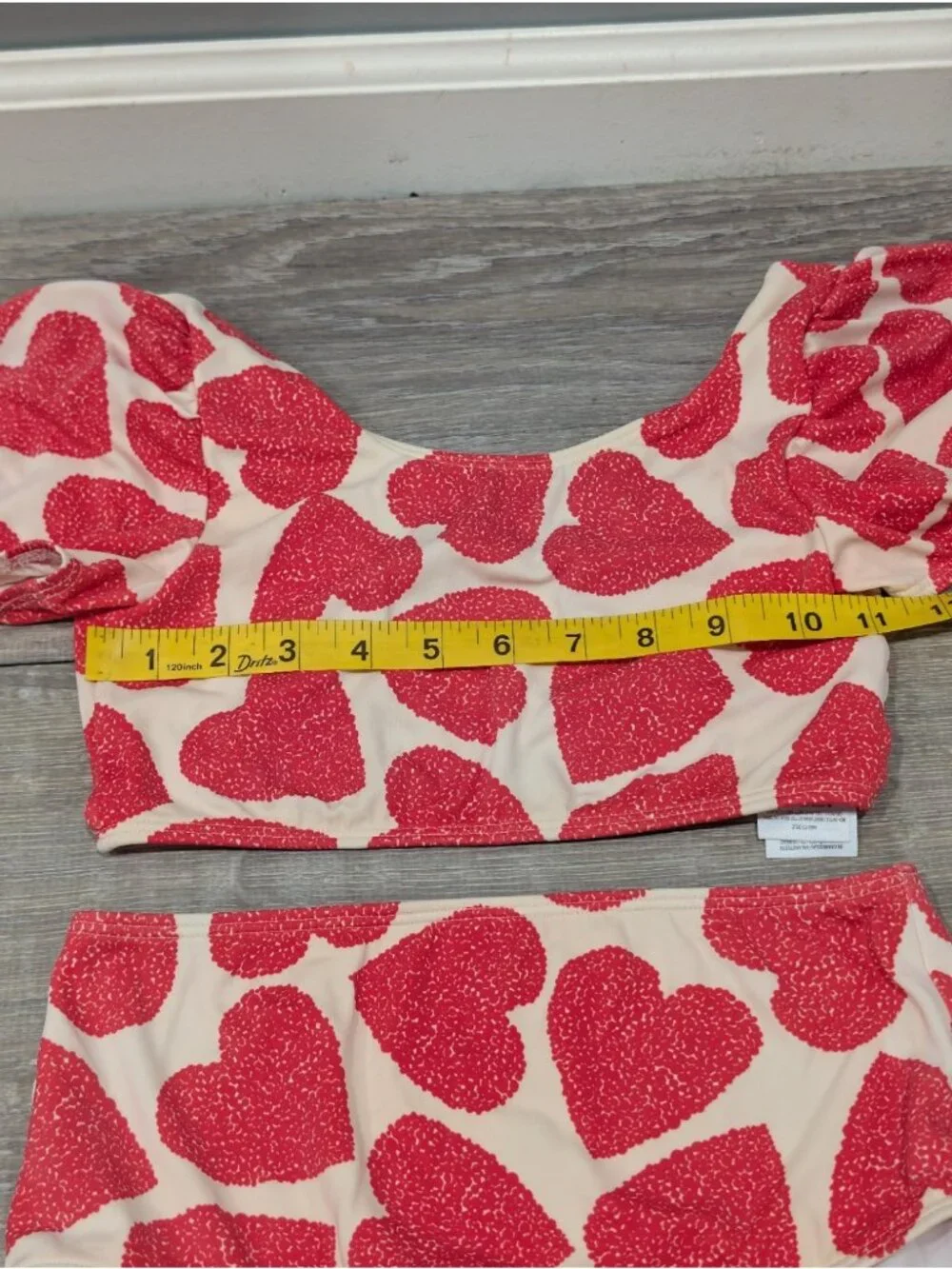 Mini Boden Girls 8-9Y Puff Sleeve Bikini Two Piece Red Hearts Cream Swimsuit